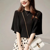 Fongt Wan Feminine Taste Splicing Flounce Sleeve Comfortable Round Collar Knitting Five Minutes Sleeve Jacket Female-Outfit