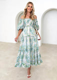 Fongt Summer Style New Hot Style Holiday Style Bubble Sleeve Print French Cake Dress-88109-Outfit