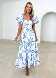 Fongt Spring Summer New Temperament Printing Bubble Sleeve High-End Dress Women