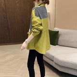 Women's Clothing Plaid Patchwork Blouse Korean Loose Spring Autumn Commute Stylish Asymmetrical Casual Shirring Drawstring Shirt-Outfit