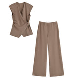 Fongt New Women's Pin Texture Sleeveless Vest Shirt Casual Trousers Two-Set