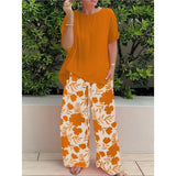 Fongt Plus Code Lady Two-Set Set Of Stylish Short-Sleeved Round Collar Top Wide Leg Trousers Print Casual Dress