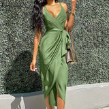 Women Sexy Straps Deep V Neck Dress 2022 Elegant Summer Solid Satin Midi Sundress Casual Lace Up Party Vestido Sarafans