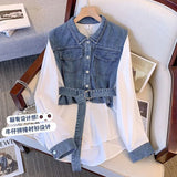 Autumn Casual Denim Patchwork Shirt Women's Clothing Commute Turn-down Collar Stylish Sashes Basic Single-breasted Blouse-Outfit