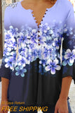 Floral Print Summer Blouse Women Elegant Simple Shirt V Neck Button 3/4 Length Sleeve Casual Holiday Basic Tops