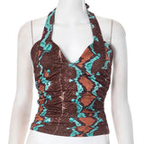 Fongt Women's Autumn And Winter Hanging Neck Tie With Hollow Back Bra Pattern Print Top