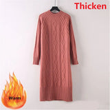 Thicken Plush Velvet Lined Sweater Dress Women's Fall Half Turtleneck Rib Knit Bottom Dresses Elegant Warm Vestido