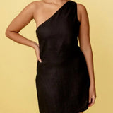and Fashionable Summer Sexy One-shoulder Asymmetric Diagonal Collar Cotton and Linen Casual Loose Comfortable Mini