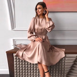 Solid Satin Casual Loose Dress O Neck Lantern Sleeve Sashes High Waist Elegant Mid Dress 2021 Spring New Women Party