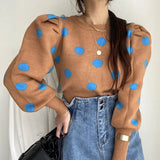 Y2K 2021 Women Autumn Winter Sweaters Knitted Vintage Fashionable Pullovers Elegant Puff Sleeve Dot Short Tops