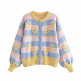 2021 Flower Jacquard Cardigan Women Long Puff Sleeve Striped Knit Sweater Female Front Button Up Egegant Fitted Knitted