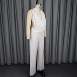 Fongt Hanging Neck Deep V Blouse Temperament Fashion Pure White Broad Leg Pants Two-Piece Set