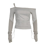 Fongt Stitching Rope Tie Function Wind A Word Collar Top Female Shoulder Solid Color Slim Versatile Top-Outfit
