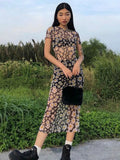 Short Sleeve Daisies Print Mesh See-Through Sexy Maxi Dress Summer Women Fashion Streetwear Outfit