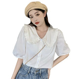 Doll Collar Blouse For Women Short Sleeve Button down Regular Fit Shirts Single Breasted Casual T Shirts Tees-Outfit