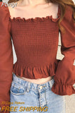 Ruffles Crop Top Women Pleated Blouse Sexy Square Collar Womens Tops And Blouses Puff Sleeve Ladies Clothes Blusas