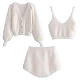 Vintage Set Shaggy Korea Style White Cardigan Furry Single-breasted Button Tank Top Knitted Sweater Jumper 1