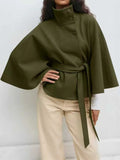 Fongt Women's Autumn And Winter New Fashion Pure Color Cape Collar Collar Belt Wind Coat