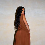 2020 New Arrival Spring Auttum Sleeveless Side Cut Mesh Material Loose Outfits Sexy Women Brown Long