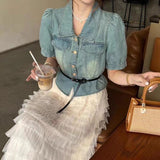 Short Sleeve Denim Shirt Women New Casual Single-Breasted Slim Top with Belt Short Denim