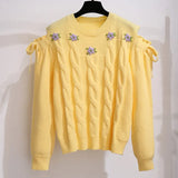 Women Autumn Winter Two Pieces Set Sweet Floral Embroidery Off The Shoulder Long Sleeve Knitted Sweater And Tweed Skirts