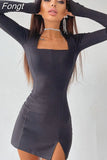 Ribbed Women Solid Long Sleeve Slit Mini Dress Square Collar Bodycon Sexy Streetwear Party Club 2023 Autumn