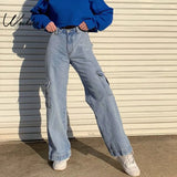 Pockets Patchwork High Waist Jeans Women Streetwear Straight Jean Femme Blue 100% Cotton Cargo