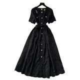Fongt Dress French Retro Heavy Industry Hollow Embroidery Round Neck-Waist Short-Sleeved Dress Female Thin Single Row Buckle Long Skirt