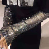 Shiny Rhinestone Fishing Net Arm Sleeve For Women Summer Thin Long Sleeve Breathable Club Music Party Arm