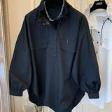 Autumn Stand Collar Blouse Commute Korean Loose Female Clothing Stylish Button Drawstring Basic Casual Long Sleeve Shirt-Outfit