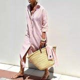 Fongt Explosion Autumn Five-Sleeve Striped Sides On Both Sides Of The Fork Shirt Dress Woman
