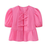 New Bubble Cuff Lace-Up Solid Color Short Blouse 1213835-Outfit