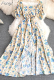Elegant Floral Dress Women Vintage Square Collar Short Sleeve A Line Beach Dresses Ladies High Waist Print Split