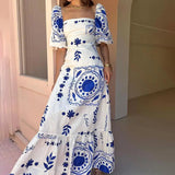 Fongt Women's Temperament Elegant Fashion Printing Lantern Short Sleeve A-Word Dress