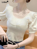Fashion Temperament Round Neck Lace Ruffles Top Tee Summer Women 2023 Short Sleeve Solid Color Slim Pullovers