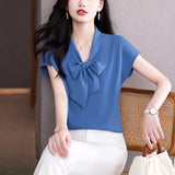 Fongt Female Short Sleeve OL Commuter Wind Elegant Mulberry Silk Jacket Bow Ribbon Shirt-Outfit