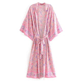Location Floral Print Long Kimono Shirt Beige Hippie Women Lacing up Tie Bow Sashes Long Cardigan Loose Blouse Tops