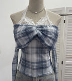 Fongt Hanging Neck Shoulder Mesh Yarn Long-Sleeved Top Design Y2k Short Repair T-Shirt 8070