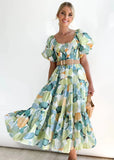 Fongt Summer New Bubble Sleeve Holiday Show Skinny Dress Babes High-Waisted Shoulder-Print Dress Dress Woman
