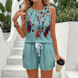 Fongt Summer New Feather Printed Casual Fashion Round-Neck Shorts Set For Women