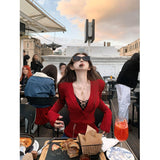 Fongt Sexy Pure Desire V Collar Knitted Shirt Girl Autumn New Hottie Temperament Lace With Long-Sleeved Top