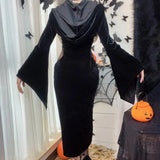Halloween New Women's Dress Suit Hat Horn Sleeve Spider Web Dress-Outfit