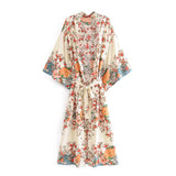 Location Floral Print Long Kimono Shirt Beige Hippie Women Lacing up Tie Bow Sashes Long Cardigan Loose Blouse Tops