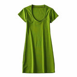 New Large U-Necked Dress Summer Solid Color Leisure Basic Medium-Long Short-Sleeved T-Shirt Skirt-Outfit