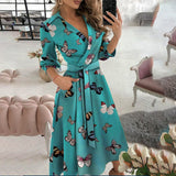 Fongt Women's Fashion Print Long-Sleeved V-Neck Bag-Groomed Commuting Dress 661