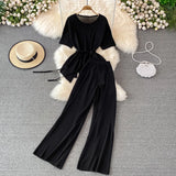 Fongt Suit Goddess Fan Irregularly Round Neck Knitted Top Two Sets Of High-Rise Thin Broad Leg Trousers