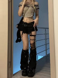 American Black Jeans for Women Y2k E-Girl Low-waisted Hole Denim Pants 2024 Summer New Straight Wide Leg Shorts-Outfit