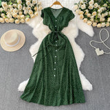Fongt Red Dot V-Neck Women's Short-Sleeved Dress Summer Single Buckle Tie With Thin A-Word Mid-Long Dress