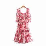 Flower Printing Three Quarter Sleeve Dress Casual Female Square Collar Loose Clothes Lady Vestido