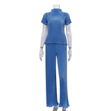 Fongt 2023 Summer New Thin T-Shirt High Waist Blue Pleated Floor Pants Casual Women's Fashion Suit-Outfit
